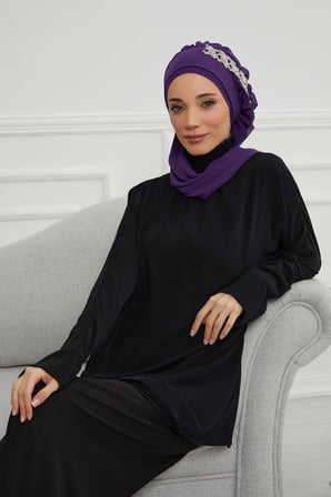 Yandan Fırfırlı Taş Aksesuarlı Şifon Hazır Türban,HT-100,HT-100 Mor