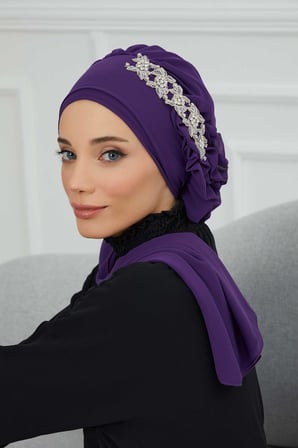Yandan Fırfırlı Taş Aksesuarlı Şifon Hazır Türban,HT-100,HT-100 Mor