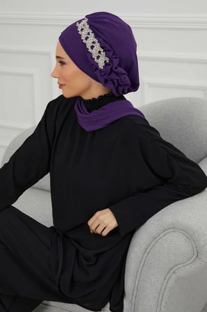 Yandan Fırfırlı Taş Aksesuarlı Şifon Hazır Türban,HT-100,HT-100 Mor