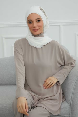 Yandan Fırfırlı Taş Aksesuarlı Şifon Hazır Türban,HT-100,HT-100 Kırık Beyaz