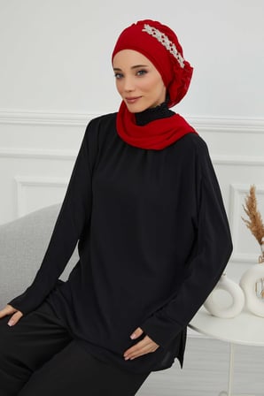 Yandan Fırfırlı Taş Aksesuarlı Şifon Hazır Türban,HT-100,HT-100 Kırmızı