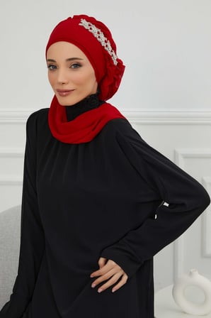 Yandan Fırfırlı Taş Aksesuarlı Şifon Hazır Türban,HT-100,HT-100 Kırmızı