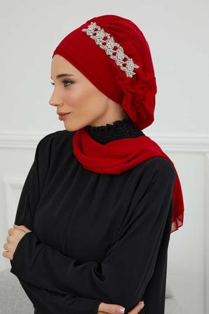 Yandan Fırfırlı Taş Aksesuarlı Şifon Hazır Türban,HT-100,HT-100 Kırmızı