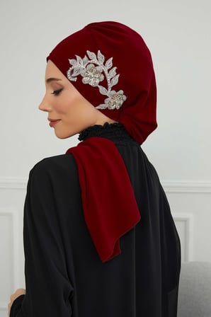 Yandan Taş Çiçek Aksesuarlı Şifon Hazır Türban,HT-104,HT-104 Bordo