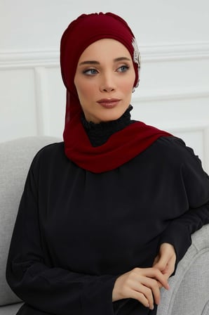 Yandan Taş Çiçek Aksesuarlı Şifon Hazır Türban,HT-104,HT-104 Bordo