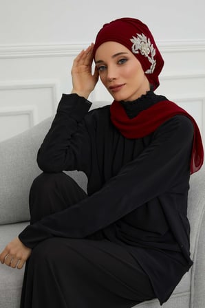 Yandan Taş Çiçek Aksesuarlı Şifon Hazır Türban,HT-104,HT-104 Bordo