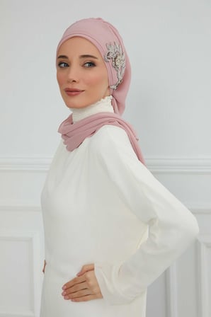 Yandan Taş Çiçek Aksesuarlı Şifon Hazır Türban,HT-104,HT-104 Pudra