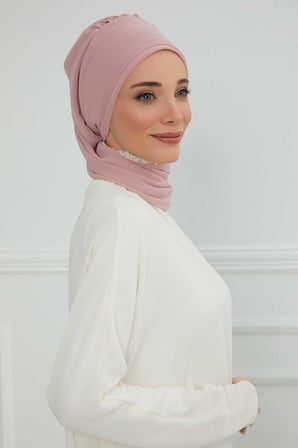 Yandan Taş Çiçek Aksesuarlı Şifon Hazır Türban,HT-104,HT-104 Pudra