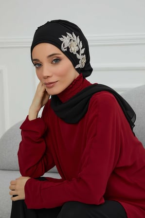 Yandan Taş Çiçek Aksesuarlı Şifon Hazır Türban,HT-104,HT-104 Siyah