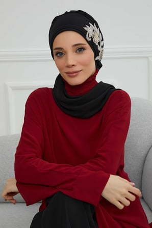 Yandan Taş Çiçek Aksesuarlı Şifon Hazır Türban,HT-104,HT-104 Siyah