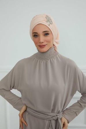Pileli Taş Çiçek Aksesuarlı Şifon Hazır Türban,HT-105,HT-105 Bej