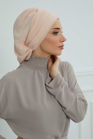 Pileli Taş Çiçek Aksesuarlı Şifon Hazır Türban,HT-105,HT-105 Bej