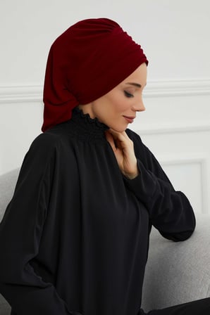 Pileli Taş Çiçek Aksesuarlı Şifon Hazır Türban,HT-105,HT-105 Bordo