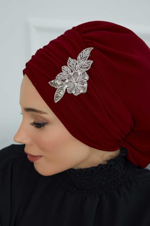 Pileli Taş Çiçek Aksesuarlı Şifon Hazır Türban,HT-105,HT-105 Bordo