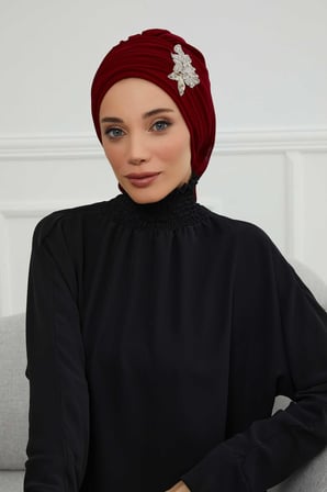 Pileli Taş Çiçek Aksesuarlı Şifon Hazır Türban,HT-105,HT-105 Bordo