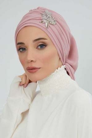 Pileli Taş Çiçek Aksesuarlı Şifon Hazır Türban,HT-105,HT-105 Pudra