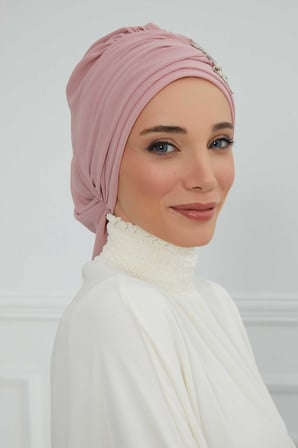 Pileli Taş Çiçek Aksesuarlı Şifon Hazır Türban,HT-105,HT-105 Pudra