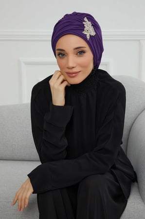 Pileli Taş Çiçek Aksesuarlı Şifon Hazır Türban,HT-105,HT-105 Mor