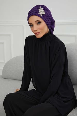 Pileli Taş Çiçek Aksesuarlı Şifon Hazır Türban,HT-105,HT-105 Mor