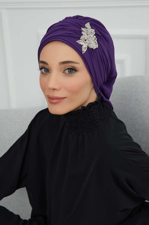 Pileli Taş Çiçek Aksesuarlı Şifon Hazır Türban,HT-105,HT-105 Mor