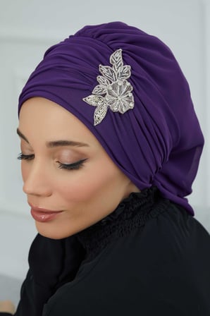 Pileli Taş Çiçek Aksesuarlı Şifon Hazır Türban,HT-105,HT-105 Mor