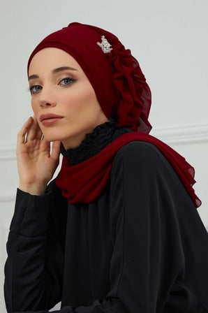 Yandan Fırfırlı Gümüş Aksesuarlı Şifon Hazır Türban,HT-106,HT-106 Bordo