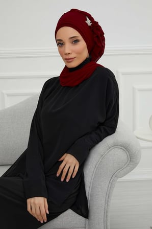 Yandan Fırfırlı Gümüş Aksesuarlı Şifon Hazır Türban,HT-106,HT-106 Bordo