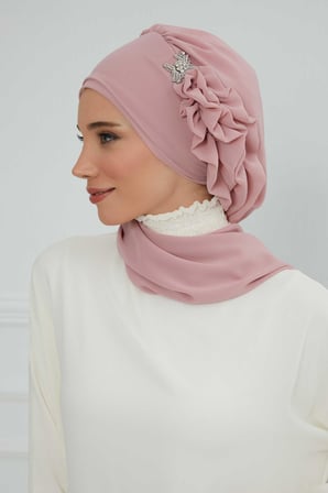 Yandan Fırfırlı Gümüş Aksesuarlı Şifon Hazır Türban,HT-106,HT-106 Pudra