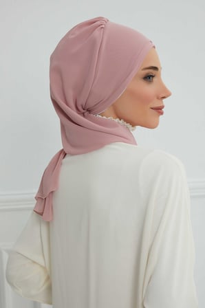 Yandan Fırfırlı Gümüş Aksesuarlı Şifon Hazır Türban,HT-106,HT-106 Pudra