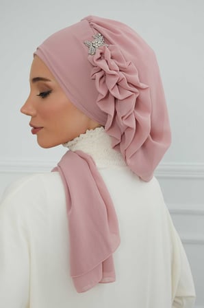 Yandan Fırfırlı Gümüş Aksesuarlı Şifon Hazır Türban,HT-106,HT-106 Pudra