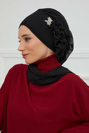 Yandan Fırfırlı Gümüş Aksesuarlı Şifon Hazır Türban,HT-106,HT-106 Siyah