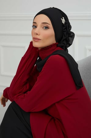 Yandan Fırfırlı Gümüş Aksesuarlı Şifon Hazır Türban,HT-106,HT-106 Siyah