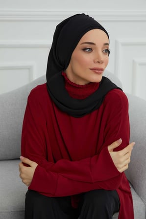 Yandan Fırfırlı Gümüş Aksesuarlı Şifon Hazır Türban,HT-106,HT-106 Siyah