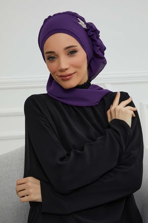 Yandan Fırfırlı Gümüş Aksesuarlı Şifon Hazır Türban,HT-106,HT-106 Mor