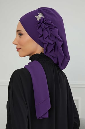 Yandan Fırfırlı Gümüş Aksesuarlı Şifon Hazır Türban,HT-106,HT-106 Mor