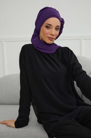 Yandan Fırfırlı Gümüş Aksesuarlı Şifon Hazır Türban,HT-106,HT-106 Mor