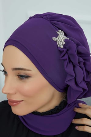 Yandan Fırfırlı Gümüş Aksesuarlı Şifon Hazır Türban,HT-106,HT-106 Mor