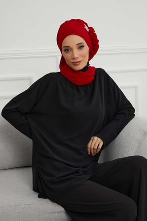 Yandan Fırfırlı Gümüş Aksesuarlı Şifon Hazır Türban,HT-106,HT-106 Kırmızı