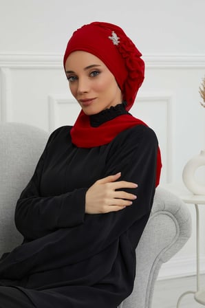 Yandan Fırfırlı Gümüş Aksesuarlı Şifon Hazır Türban,HT-106,HT-106 Kırmızı