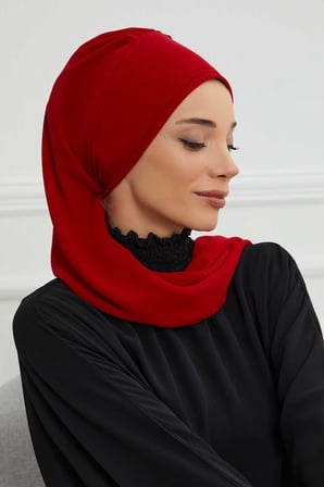 Yandan Fırfırlı Gümüş Aksesuarlı Şifon Hazır Türban,HT-106,HT-106 Kırmızı