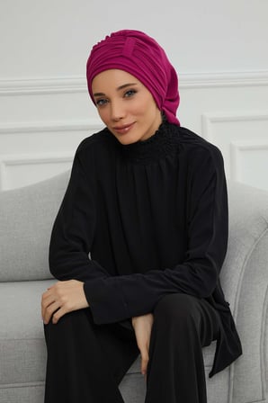 Pileli Tasarım Şifon Hazır Türban,HT-107,HT-107 Fuşya