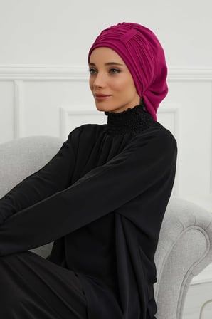 Pileli Tasarım Şifon Hazır Türban,HT-107,HT-107 Fuşya