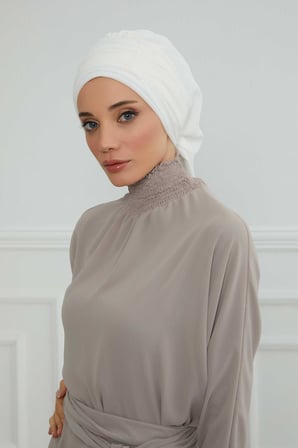 Pileli Tasarım Şifon Hazır Türban,HT-107,HT-107 Kırık Beyaz