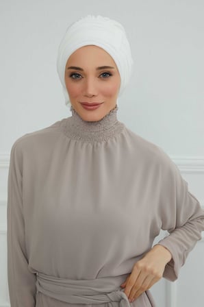 Pileli Tasarım Şifon Hazır Türban,HT-107,HT-107 Kırık Beyaz