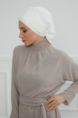 Pileli Tasarım Şifon Hazır Türban,HT-107,HT-107 Kırık Beyaz