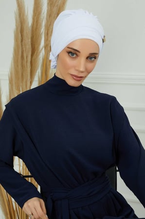 Aksesuarlı Şifon Hazır Türban,HT-95S,HT-95S Beyaz