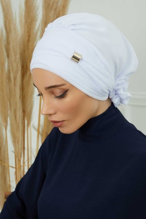 Aksesuarlı Şifon Hazır Türban,HT-95S,HT-95S Beyaz