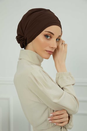 Aksesuarlı Şifon Hazır Türban,HT-95S,HT-95S Kahverengi