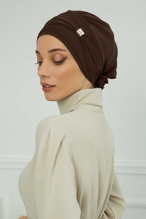 Aksesuarlı Şifon Hazır Türban,HT-95S,HT-95S Kahverengi