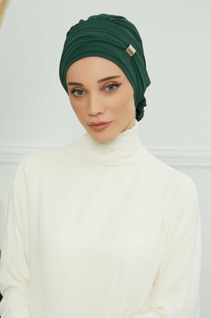 Aksesuarlı Şifon Hazır Türban,HT-95S,HT-95S Koyu Yeşil